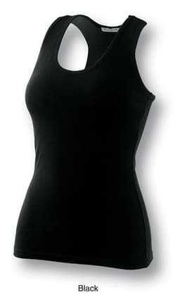 A black ladies gym singlet featuring a scoop neck and a fitted silhouette, with a logo on the label.
