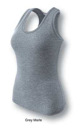 A grey marle ladies' gym singlet featuring a scoop neckline and a fitted design, with branding visible.