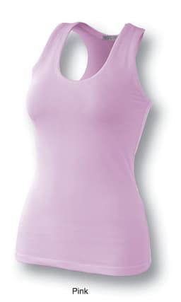 A pink ladies gym singlet with a scoop neck and a racerback design. Features a small logo on the label.