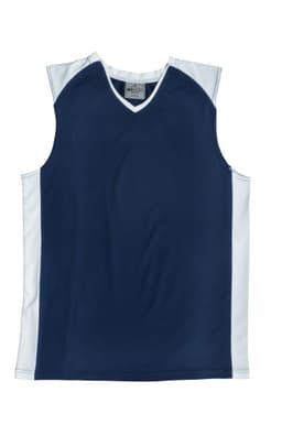 A navy and white men's basketball singlet with a V-neck design and short sleeves, featuring a logo.