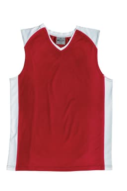 A red men's basketball singlet with white side panels and a V-neck design, featuring a logo.