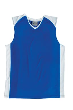 A blue men's basketball singlet with white sides and a V-neck design. It features a logo on the neckline.