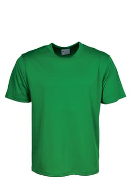 A green unisex plain tee shirt made from micromesh fabric, featuring a logo on the label.