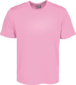 A plain pink unisex micromesh T-shirt with a round neckline and short sleeves, featuring a logo.