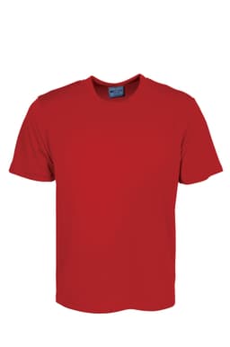 A plain red unisex micromesh T-shirt featuring a logo on the label.