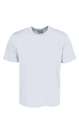 A plain white unisex micromesh tee shirt with short sleeves and a label inside.