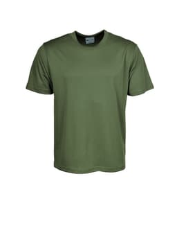 A plain olive green micromesh T-shirt with short sleeves and a round neckline. It has a logo on the label.