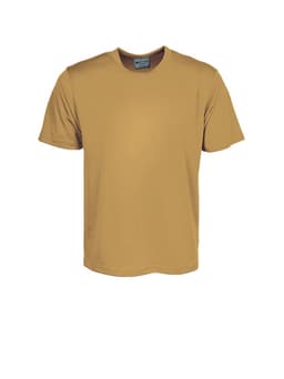 A plain yellow micromesh T-shirt with short sleeves and a tag at the neckline. It features a logo.