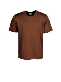 A brown micromesh T-shirt with short sleeves and a round neck, featuring a logo on the inside label.