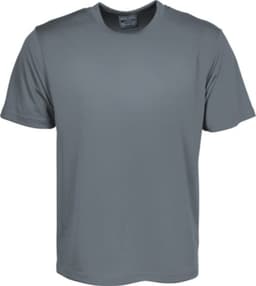 A plain grey micromesh tee shirt with short sleeves and a tag inside the collar.