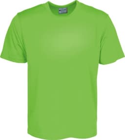A bright green micromesh tee shirt with short sleeves, featuring a logo on the upper section.