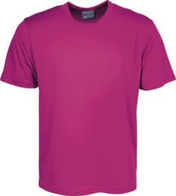A plain magenta micromesh T-shirt with short sleeves and a tag inside the neckline.