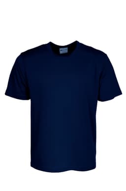 A navy blue plain micromesh tee shirt with short sleeves and a tag inside. It features a logo on the label.