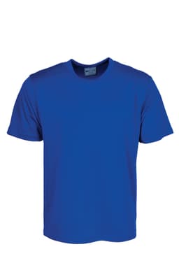 A blue micromesh T-shirt featuring a crew neck design and short sleeves. The shirt has a logo on the neckline.