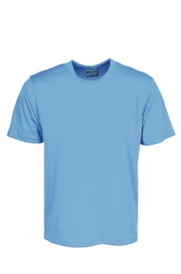 A light blue plain micromesh t-shirt featuring short sleeves and a crew neck, with a logo on the label.