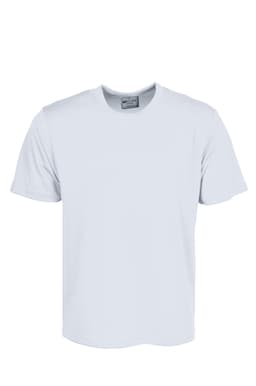 A plain light blue micromesh tee shirt with short sleeves and a crew neckline. It features a logo on the label.