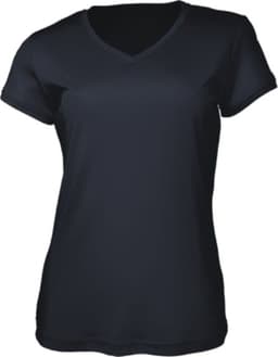A ladies' brushed v-neck tee shirt in navy blue, featuring short sleeves and a fitted design. It has a logo.