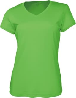 A ladies' brushed v-neck tee shirt in bright green with a fitted design and a logo.