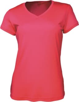 A ladies' brushed v-neck tee shirt in vibrant pink, featuring a fitted design and short sleeves.