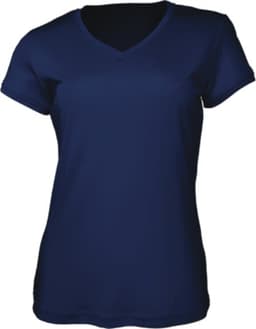 A navy blue women's brushed V-neck T-shirt featuring a seamless design and a logo on the neckline.
