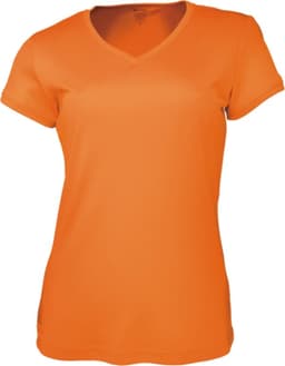 An orange ladies' brushed v-neck tee shirt with a fitted design and branding on the label.