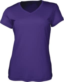 A purple ladies brushed v-neck tee shirt featuring short sleeves and a branded logo.