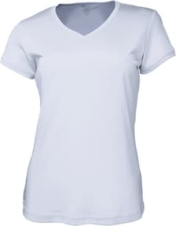 A light blue ladies' brushed v-neck tee shirt with short sleeves and a small logo.
