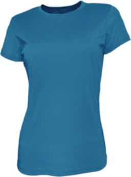 A ladies' t-shirt in teal blue with a round neck and short sleeves, featuring a logo.