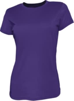 A purple ladies brushed tee shirt with a black neckline and a fitted style. It features a logo on the design.