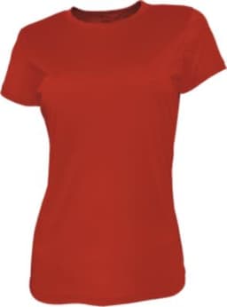 A red ladies' brushed tee shirt with a classic round neck and short sleeves. It features a logo on the front.