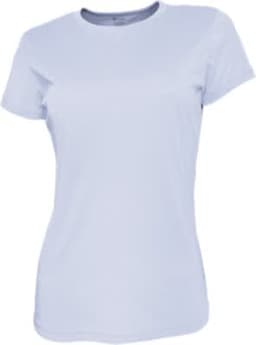 A light blue ladies' brushed T-shirt featuring a round neckline and short sleeves with a logo.