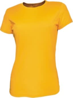 A bright yellow ladies t-shirt, short-sleeved, with a fitted style and a logo on it.