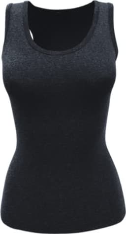 A fitted black singlet top featuring a bra insert and a rounded neckline, designed for women.