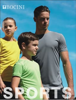 A grey T-shirt worn by an adult and green and yellow T-shirts worn by children, against a blue sky backdrop.
