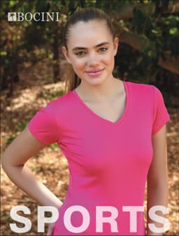A pink ladies V-neck tee shirt displayed on a model, featuring short sleeves and a fitted design. It has a logo.
