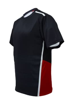 A black unisex adult tee shirt featuring red and white panels and a logo on the design.