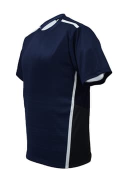 A navy blue unisex t-shirt with white and black accents, featuring a logo on the front.