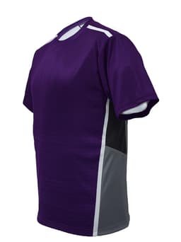 A purple unisex panel tee shirt featuring grey and white accents, with a logo on the front.