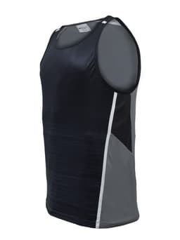 A navy and grey unisex sublimated panel singlet with a logo, featuring contrasting panels and a sleek design.