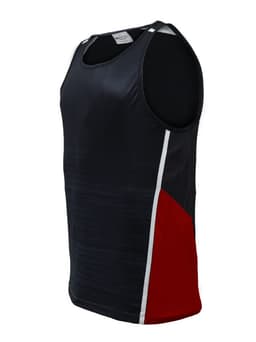 A black unisex singlet featuring red and white panels, with a logo on the front.