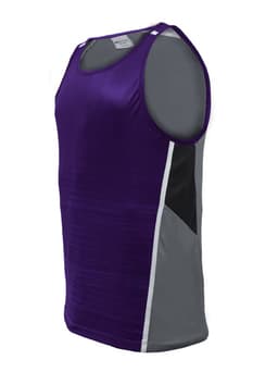 A unisex adults sublimated panel singlet in purple with grey side panels and a logo on the upper front.