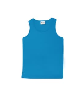 A bright blue unisex micromesh singlet with a round neckline and sleeveless design. It features a logo on the label.