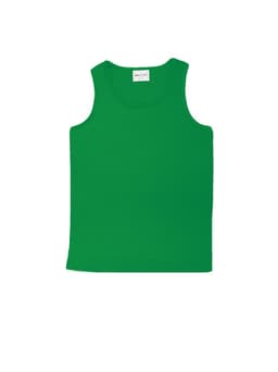 A bright green unisex micromesh singlet with a crew neckline and no sleeves. It features a label inside.