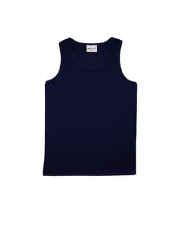 A navy blue unisex micromesh singlet with a classic sleeveless design and a branded label.