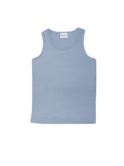 A light blue unisex micromesh singlet featuring a round neckline and sleeveless design. It has a brand label inside.