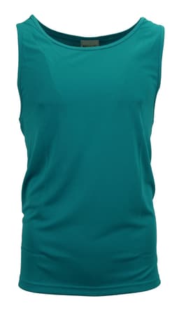 A teal micromesh singlet with a classic sleeveless design, featuring a logo on the label.