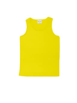 A bright yellow unisex micromesh singlet featuring a round neckline and no sleeves. It has a label inside.