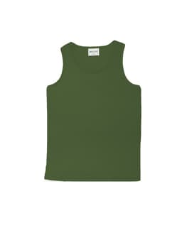 A green micromesh singlet with a round neckline and no sleeves, featuring a label inside.