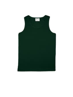 A green micromesh singlet featuring a simple design and a label in the neckline. It has a logo on it.