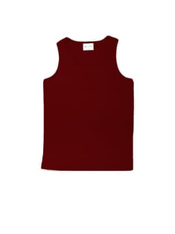 A burgundy kids' micromesh singlet featuring a simple tank design and a label at the neckline.